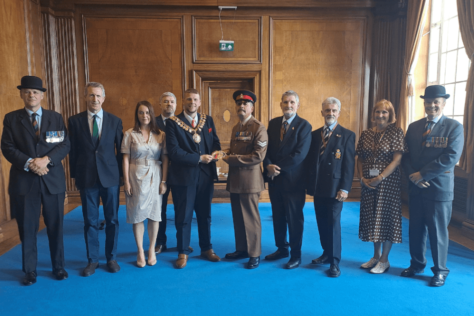 Silver salver presented to the Mayor of Barnsley to mark Royal Yorkshire Regiment's 20th anniversary — Barnsley news photo (Barnsley Council)